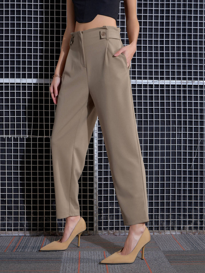 Women Beige Front Button Paperback Waist Pants