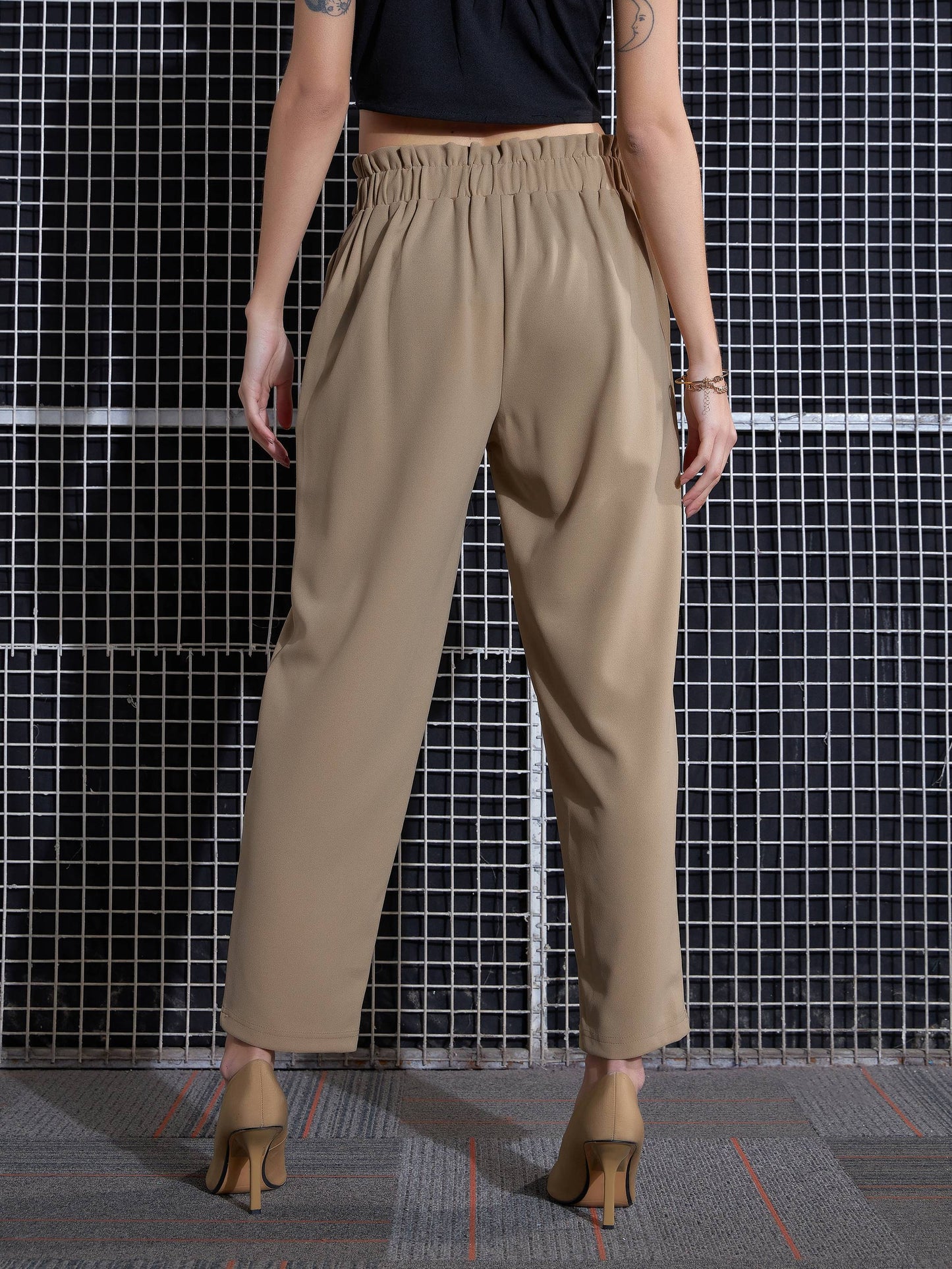Women Beige Front Button Paperback Waist Pants