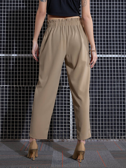 Women Beige Front Button Paperback Waist Pants