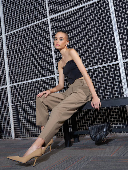 Women Beige Front Button Paperback Waist Pants