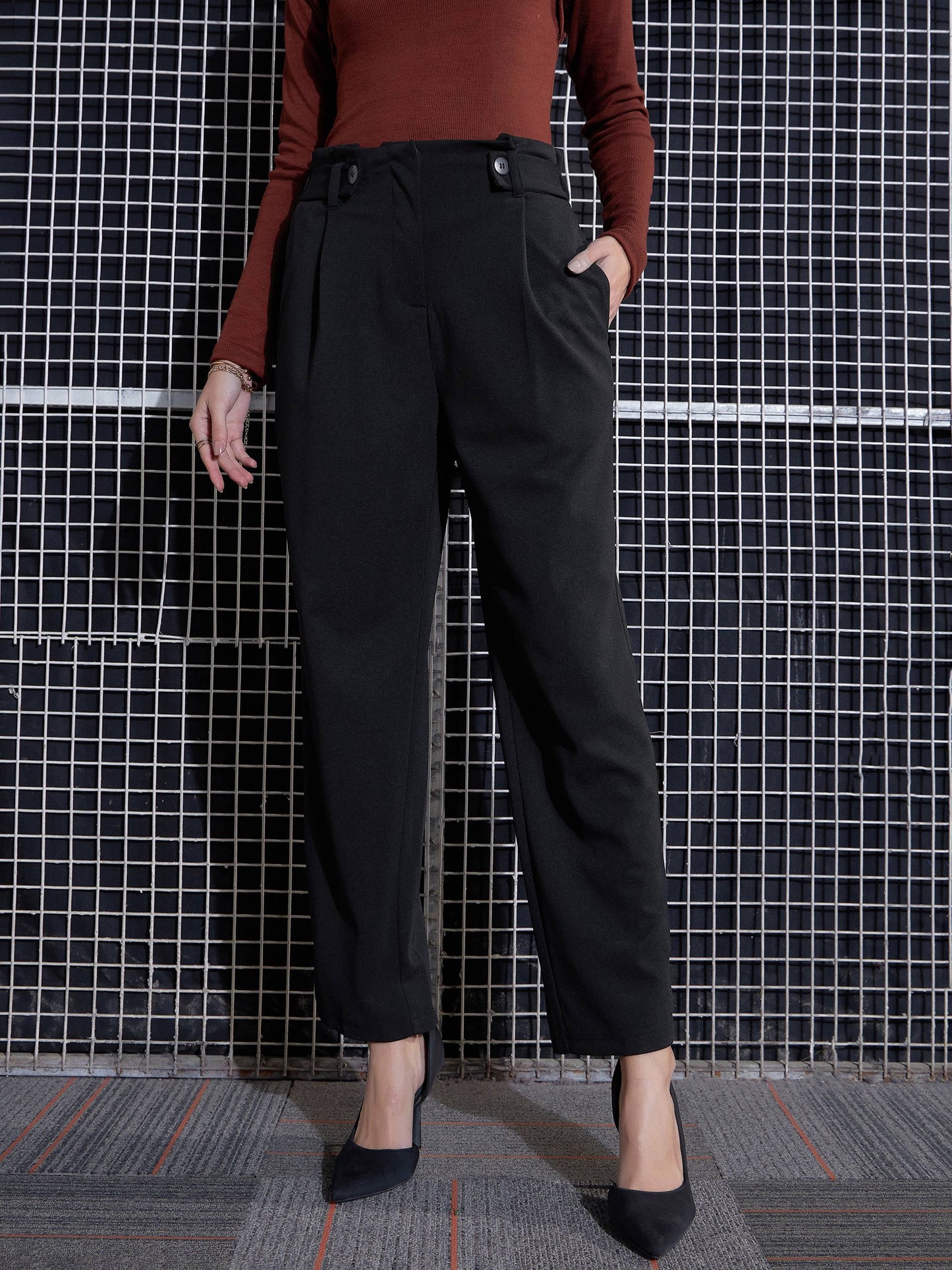 Black Front Button Paperback Waist Pants