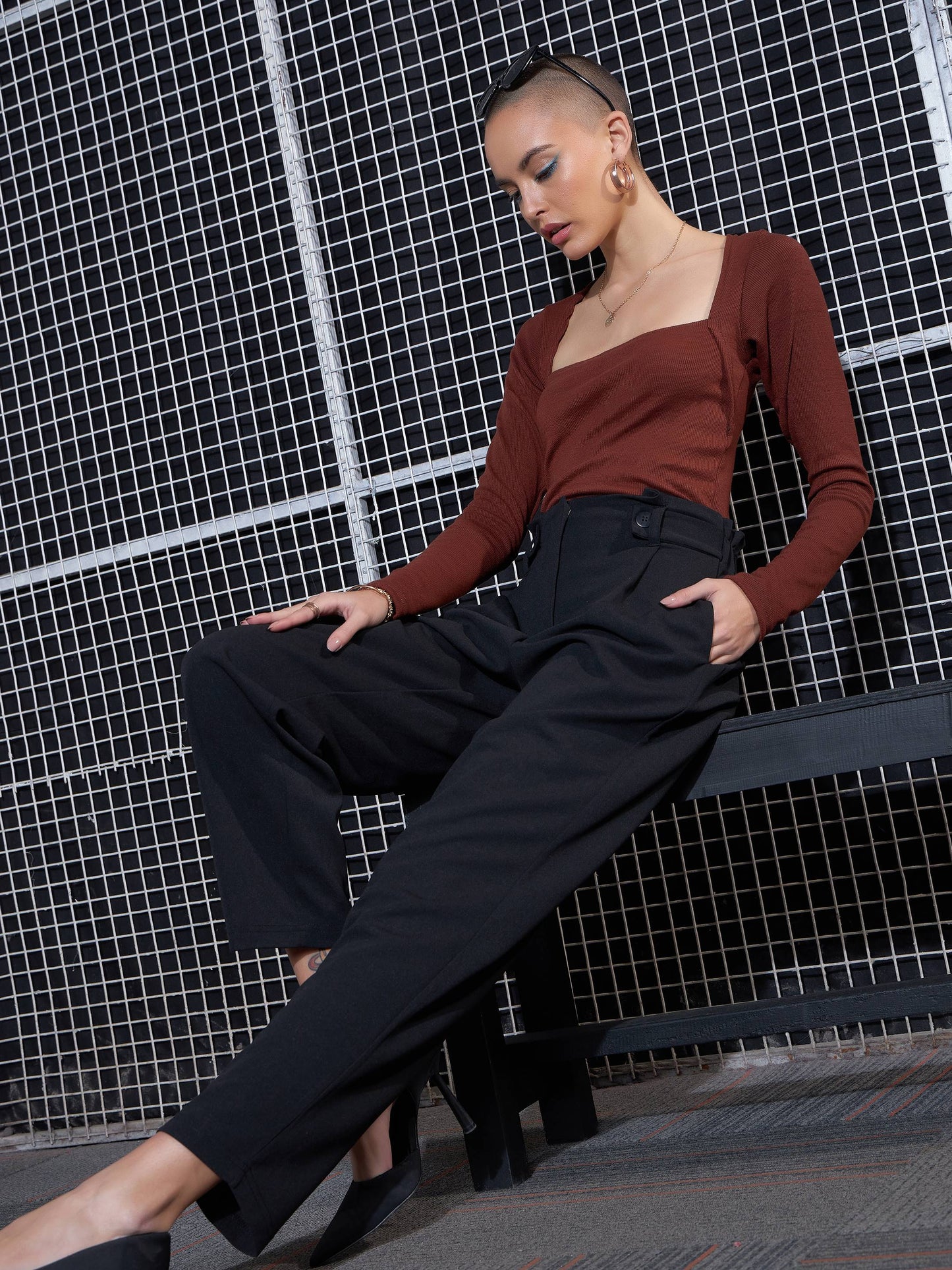 Black Front Button Paperback Waist Pants