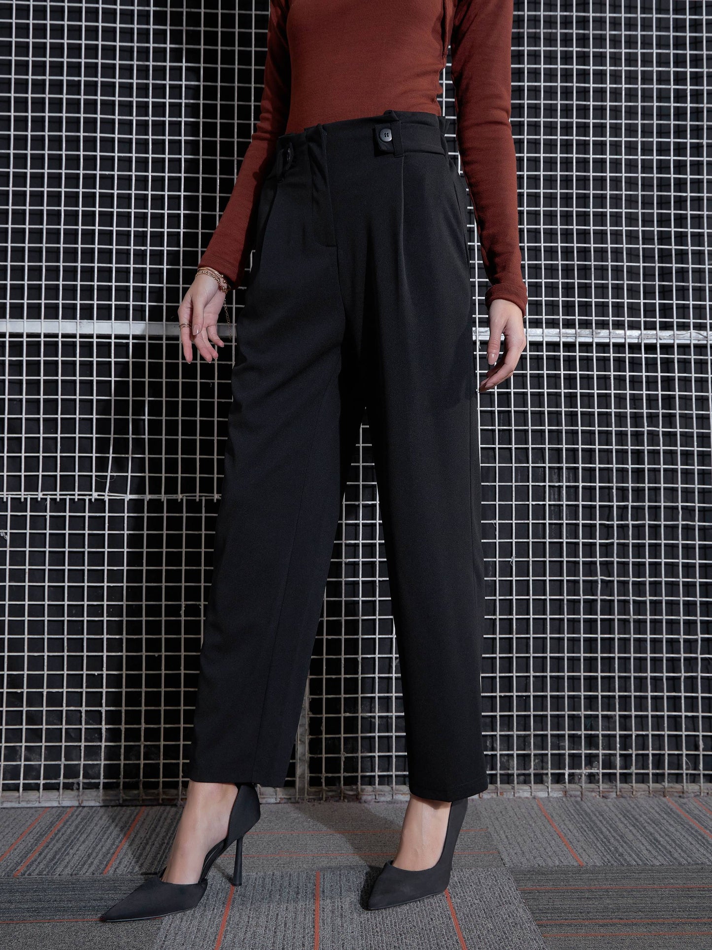 Black Front Button Paperback Waist Pants