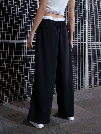 Women Black Contrast Paperback Waist Pants