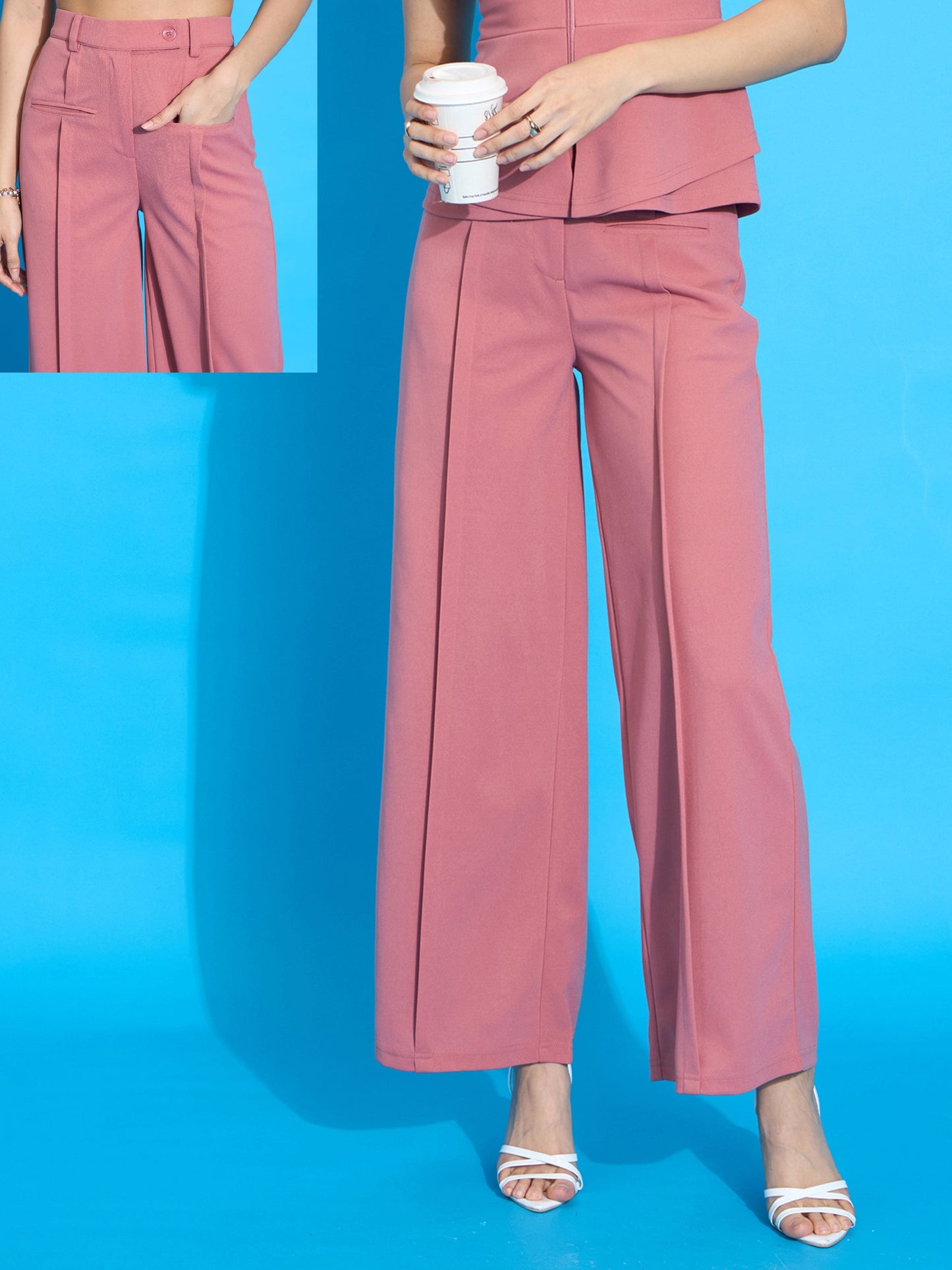 Peach Front Pleated Straight Fit Trousers