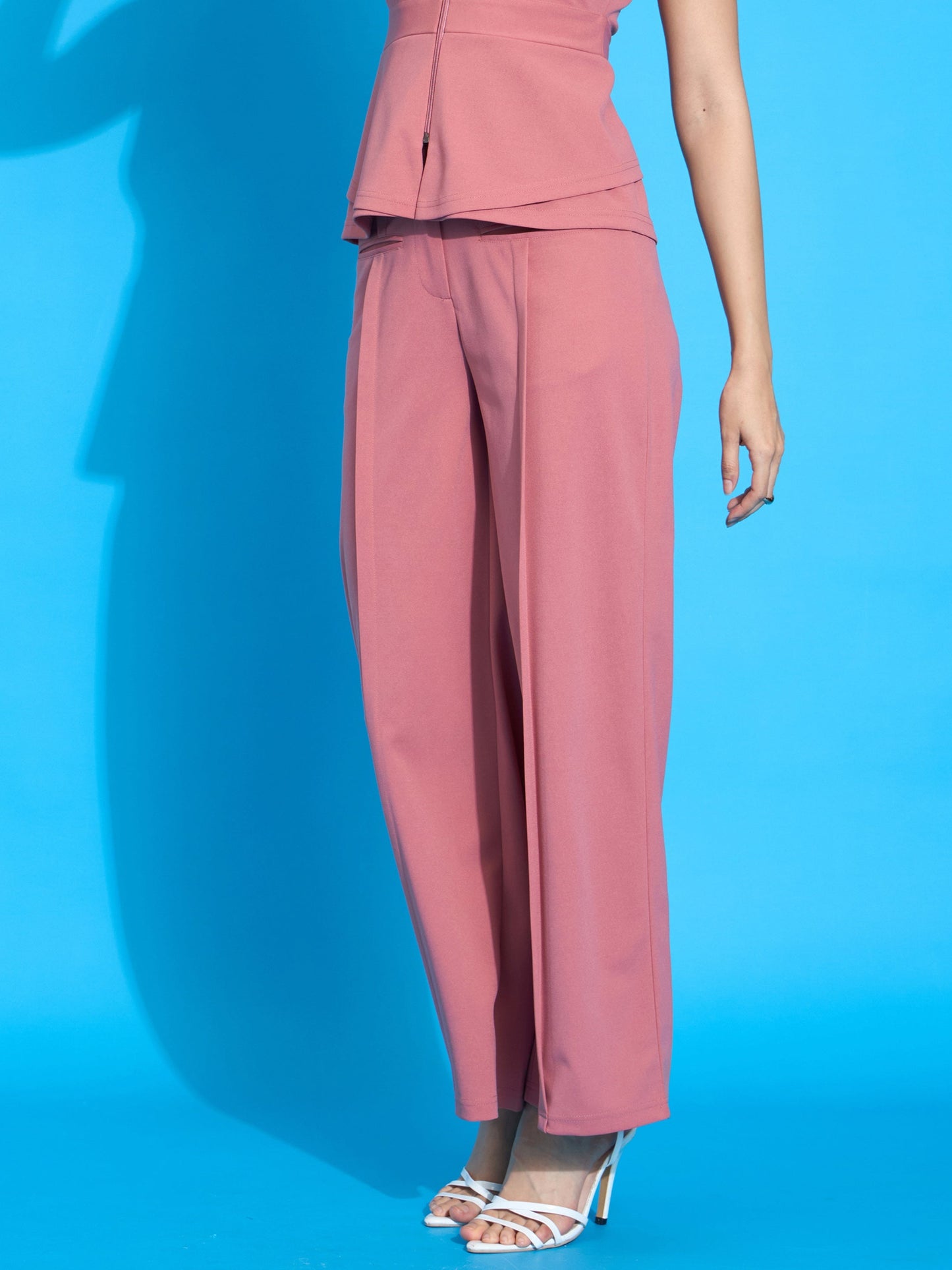 Peach Front Pleated Straight Fit Trousers