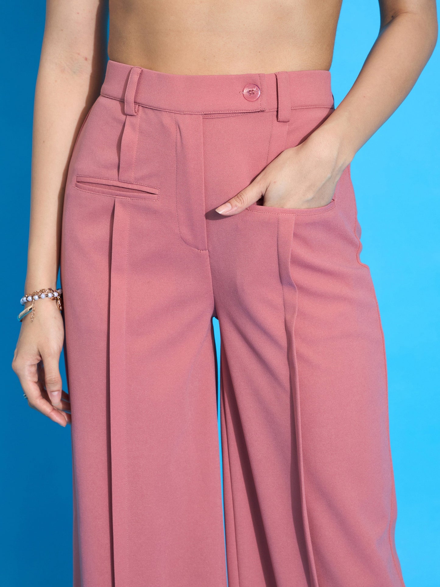 Peach Front Pleated Straight Fit Trousers
