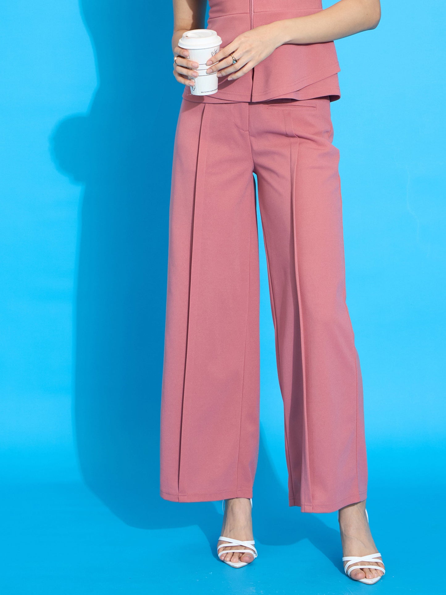 Peach Front Pleated Straight Fit Trousers