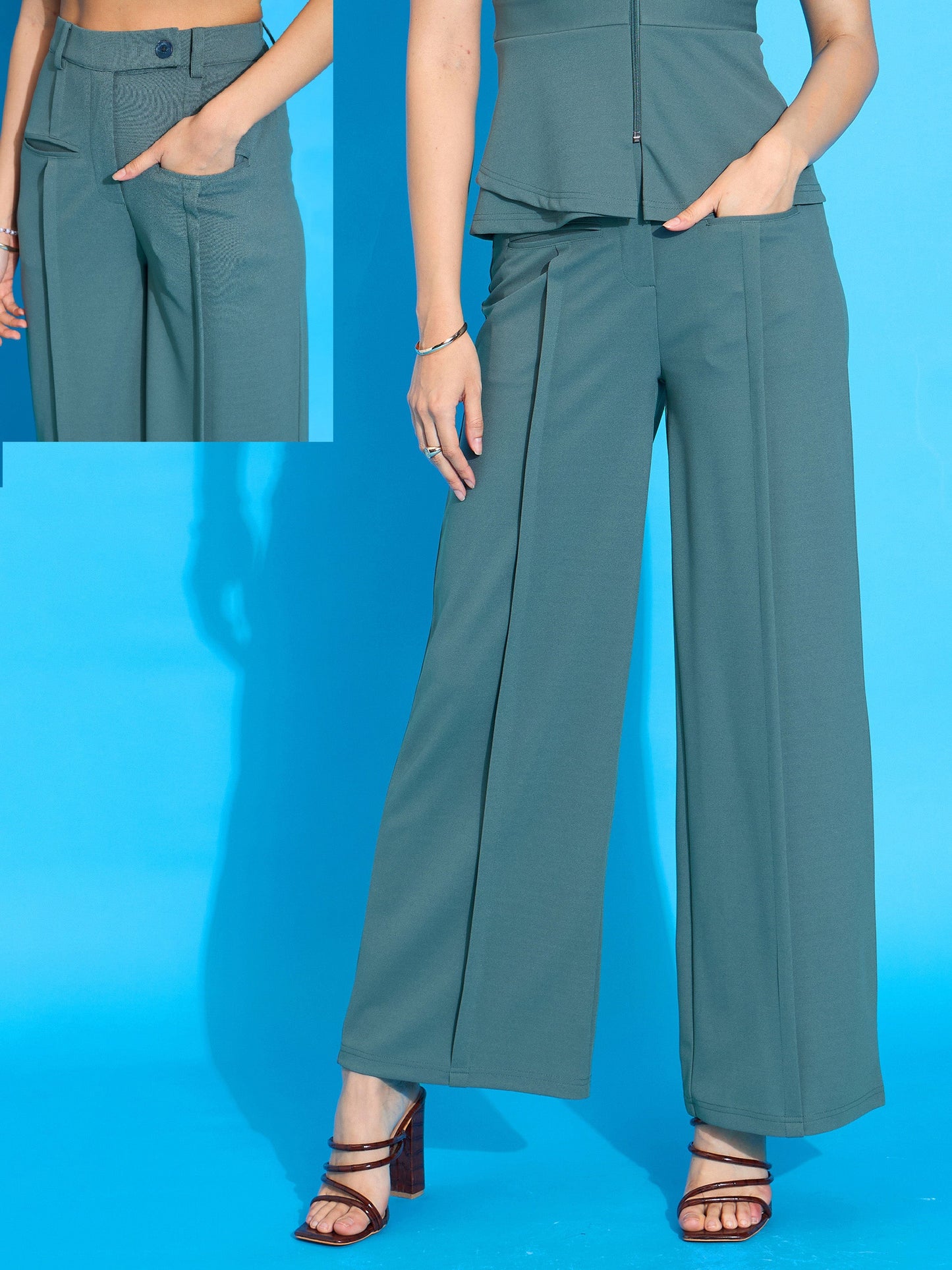Green Front Pleated Straight Fit Trousers