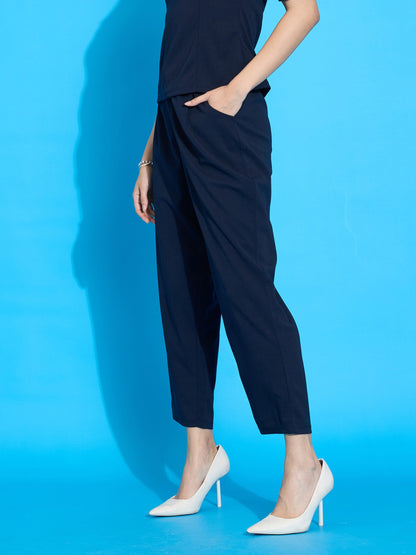 Navy Knit Tapered Pants