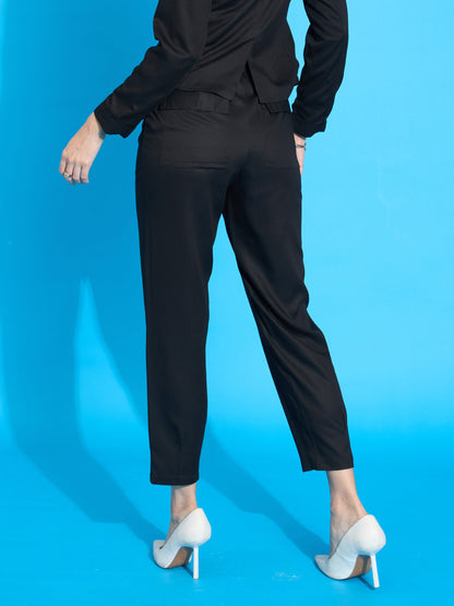 Women Black Rayon Tencel Tapered Pants