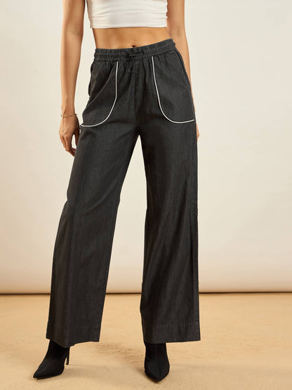Black Tencel Contrast Piping Detail Pants