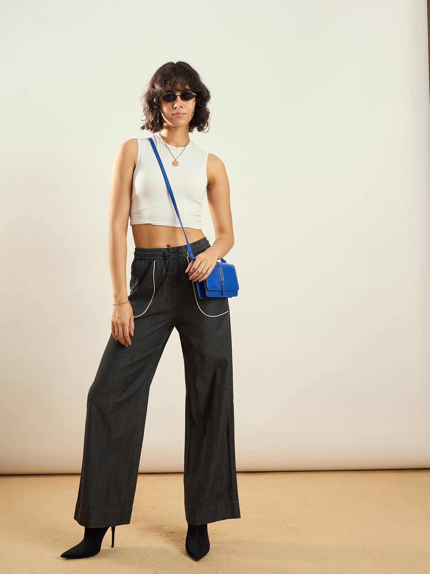 Black Tencel Contrast Piping Detail Pants