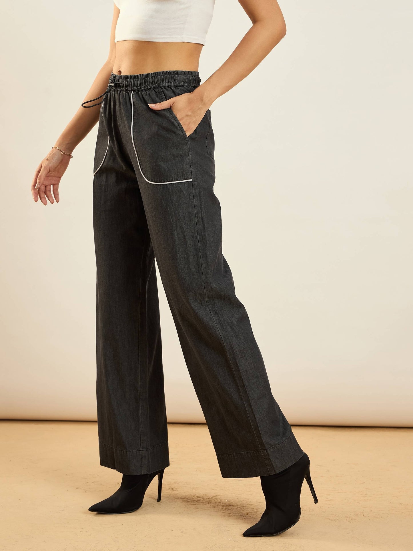 Black Tencel Contrast Piping Detail Pants