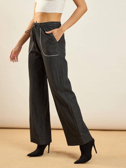 Black Tencel Contrast Piping Detail Pants