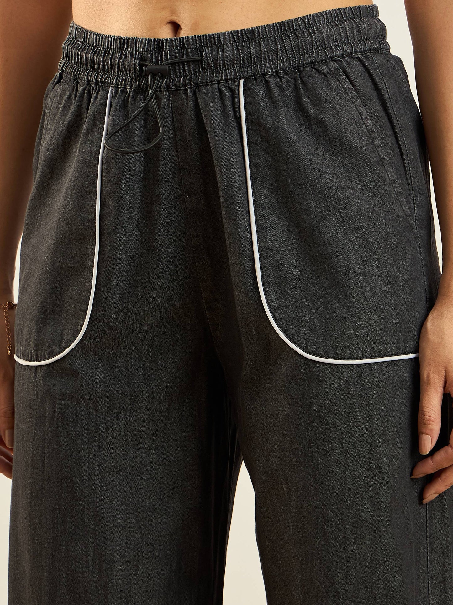 Black Tencel Contrast Piping Detail Pants