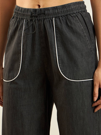 Black Tencel Contrast Piping Detail Pants