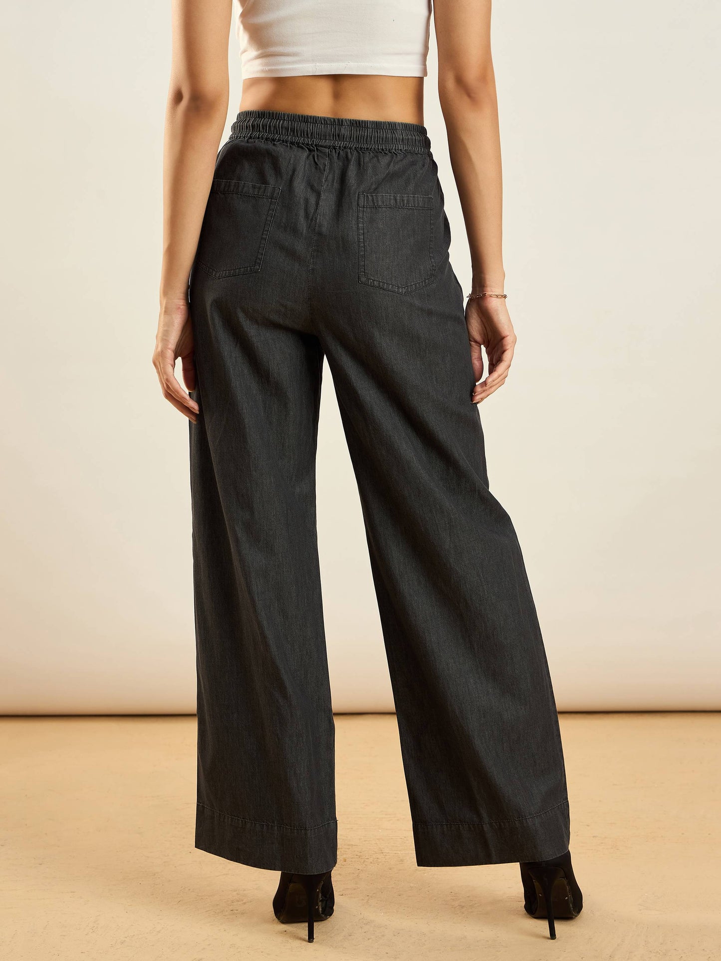 Black Tencel Contrast Piping Detail Pants