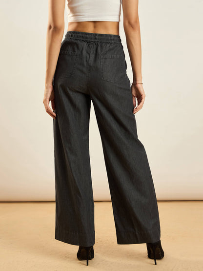 Black Tencel Contrast Piping Detail Pants