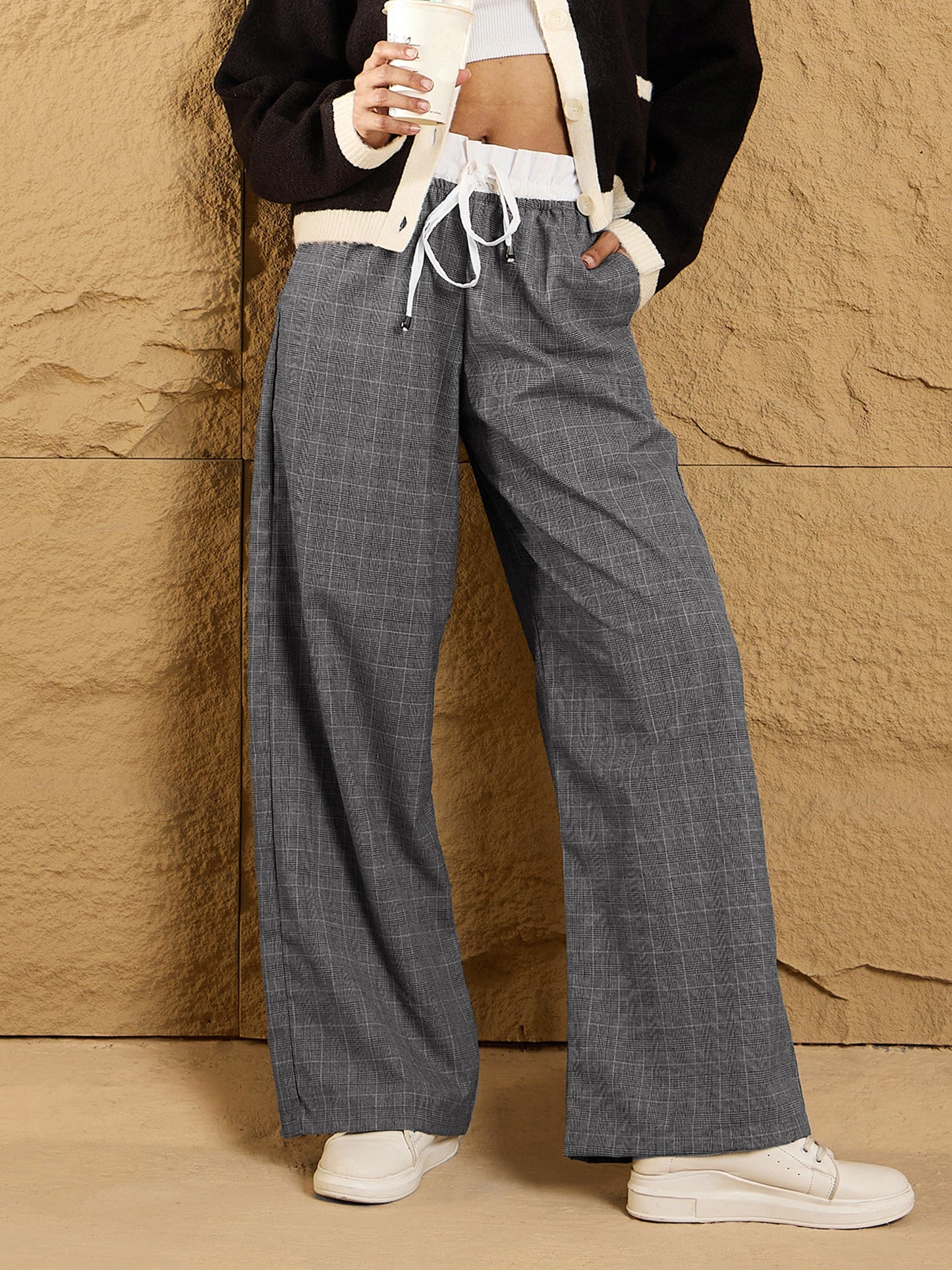 Black & Grey Check Contrast Paperback Waist Pants