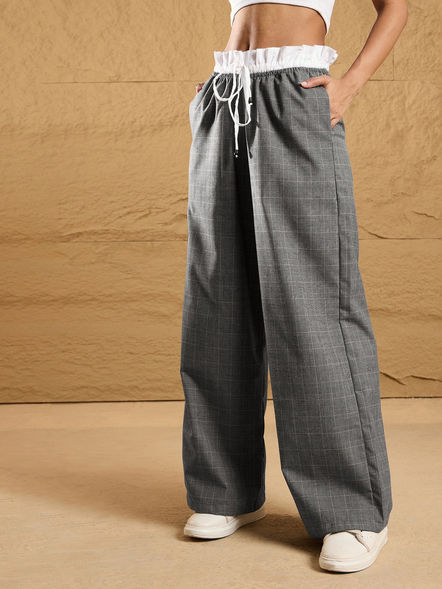 Black & Grey Check Contrast Paperback Waist Pants