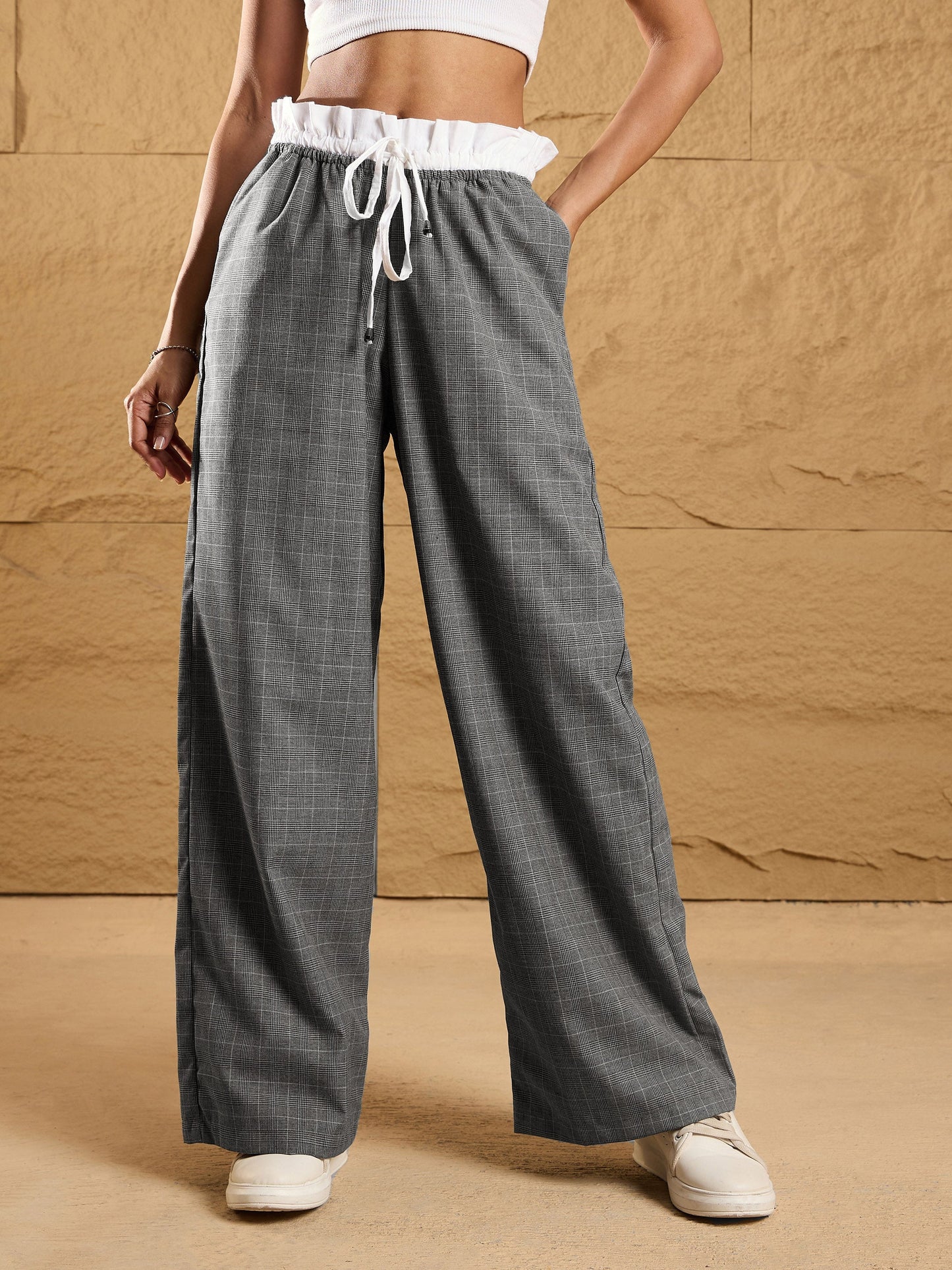 Black & Grey Check Contrast Paperback Waist Pants