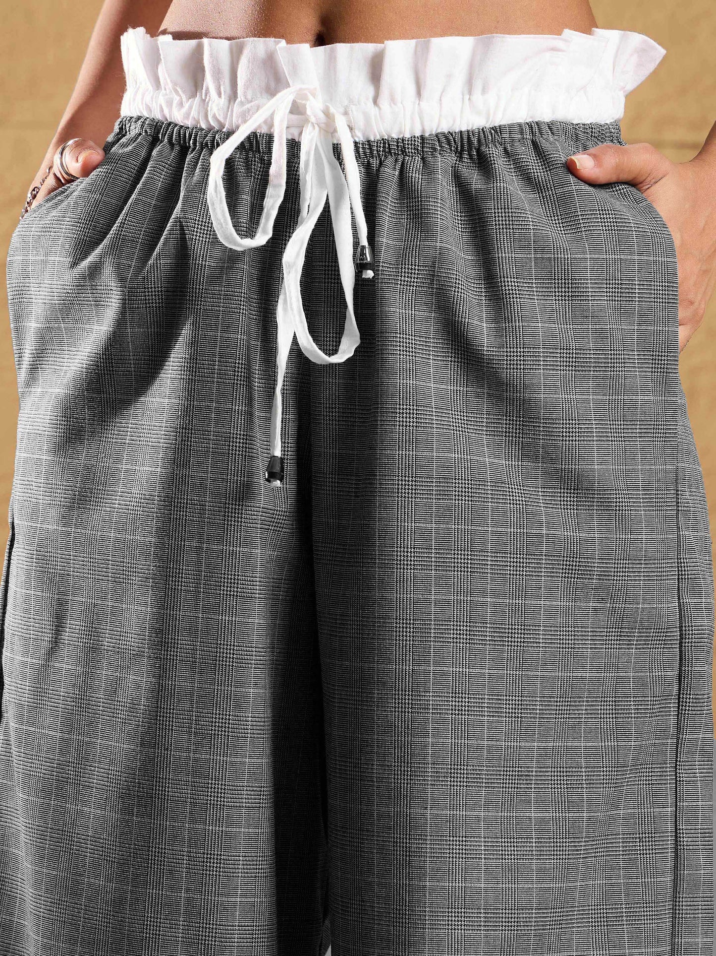 Black & Grey Check Contrast Paperback Waist Pants