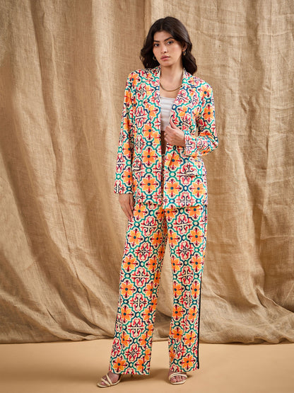 Yellow Geometrical Print Straight Fit Pants