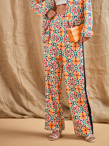 Yellow Geometrical Print Straight Fit Pants