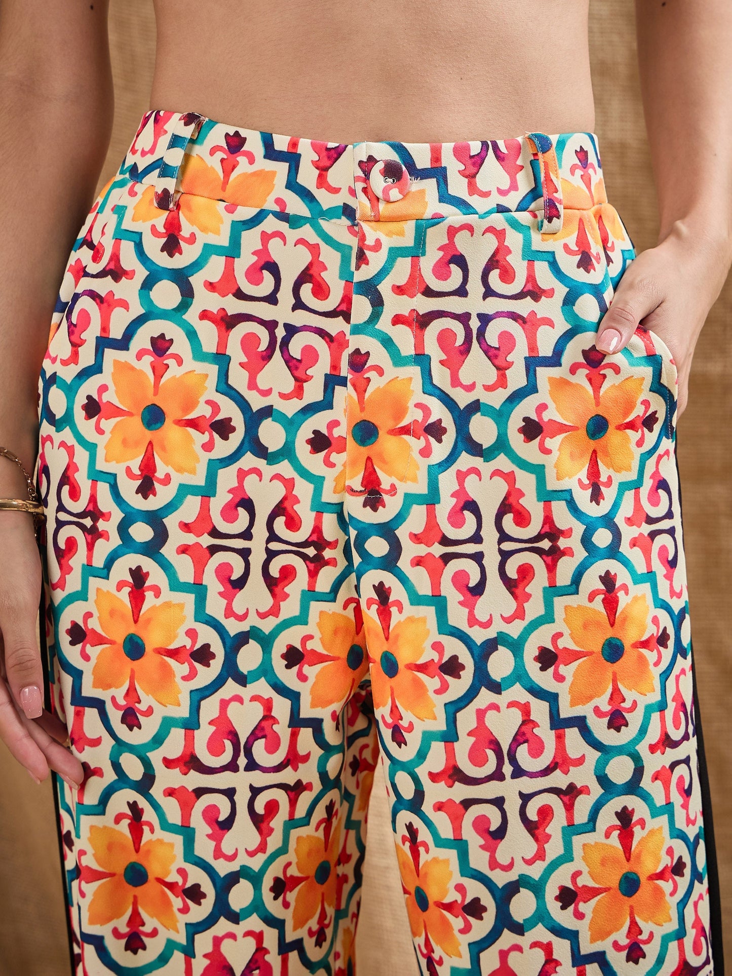 Yellow Geometrical Print Straight Fit Pants