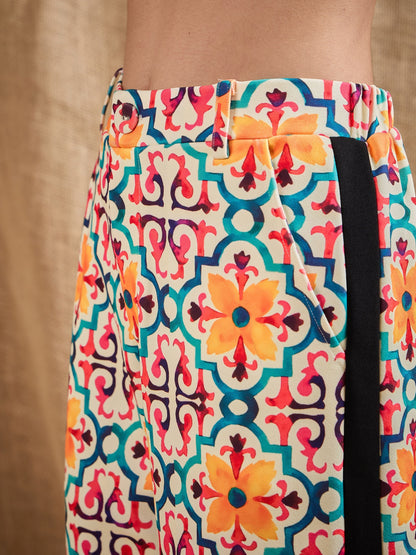 Yellow Geometrical Print Straight Fit Pants