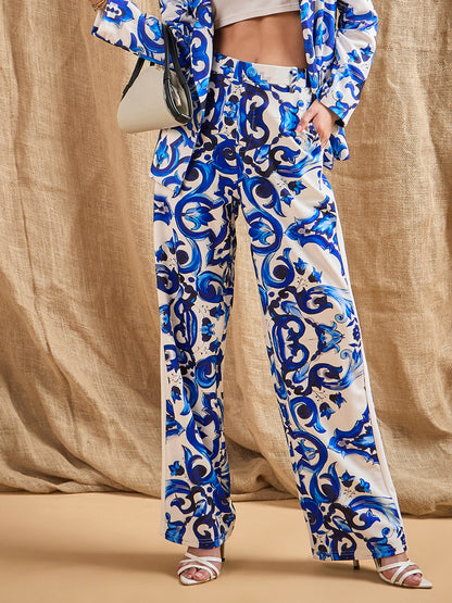 Blue Printed Straight Fit Pants