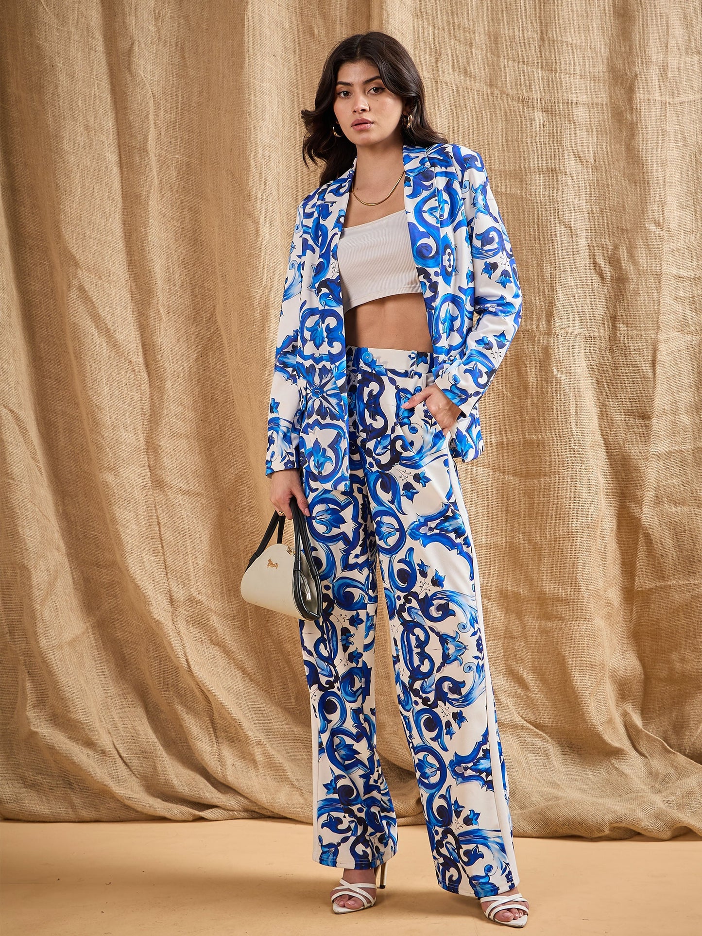 Blue Printed Straight Fit Pants