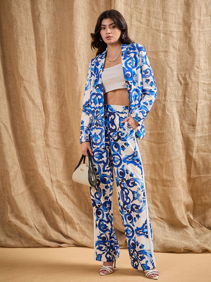Blue Printed Straight Fit Pants