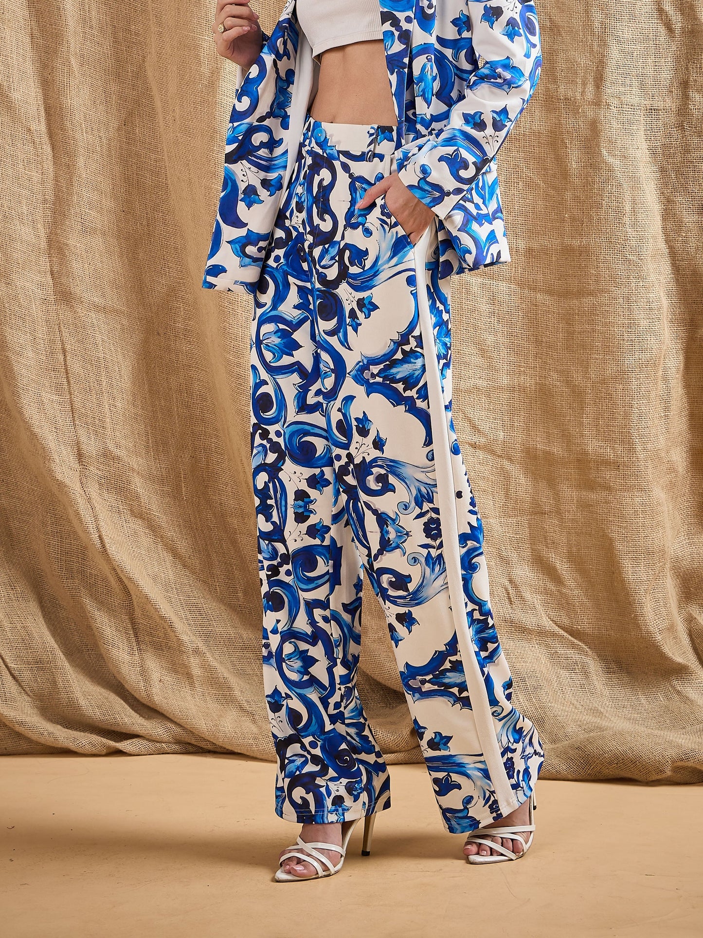Blue Printed Straight Fit Pants