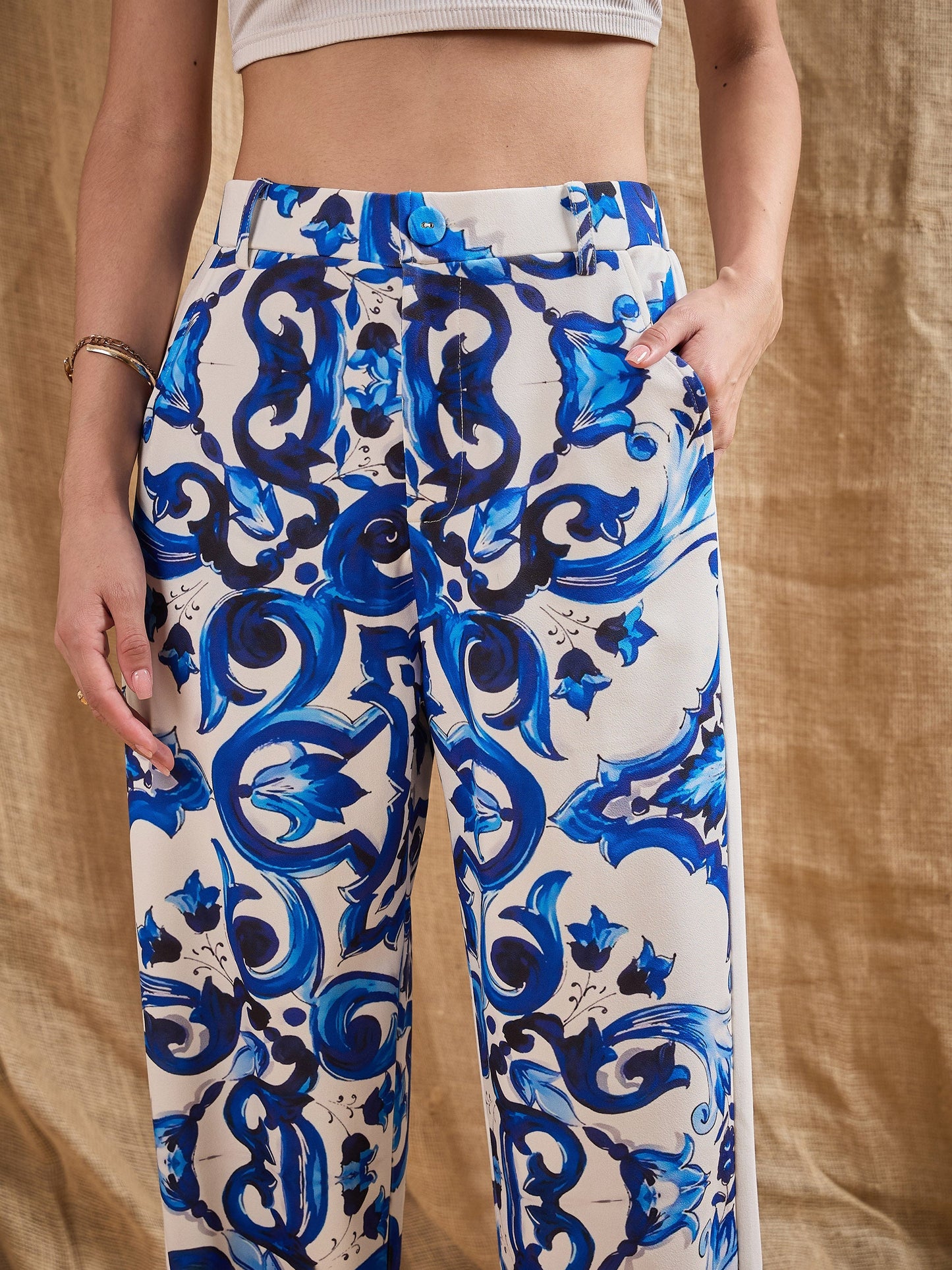 Blue Printed Straight Fit Pants