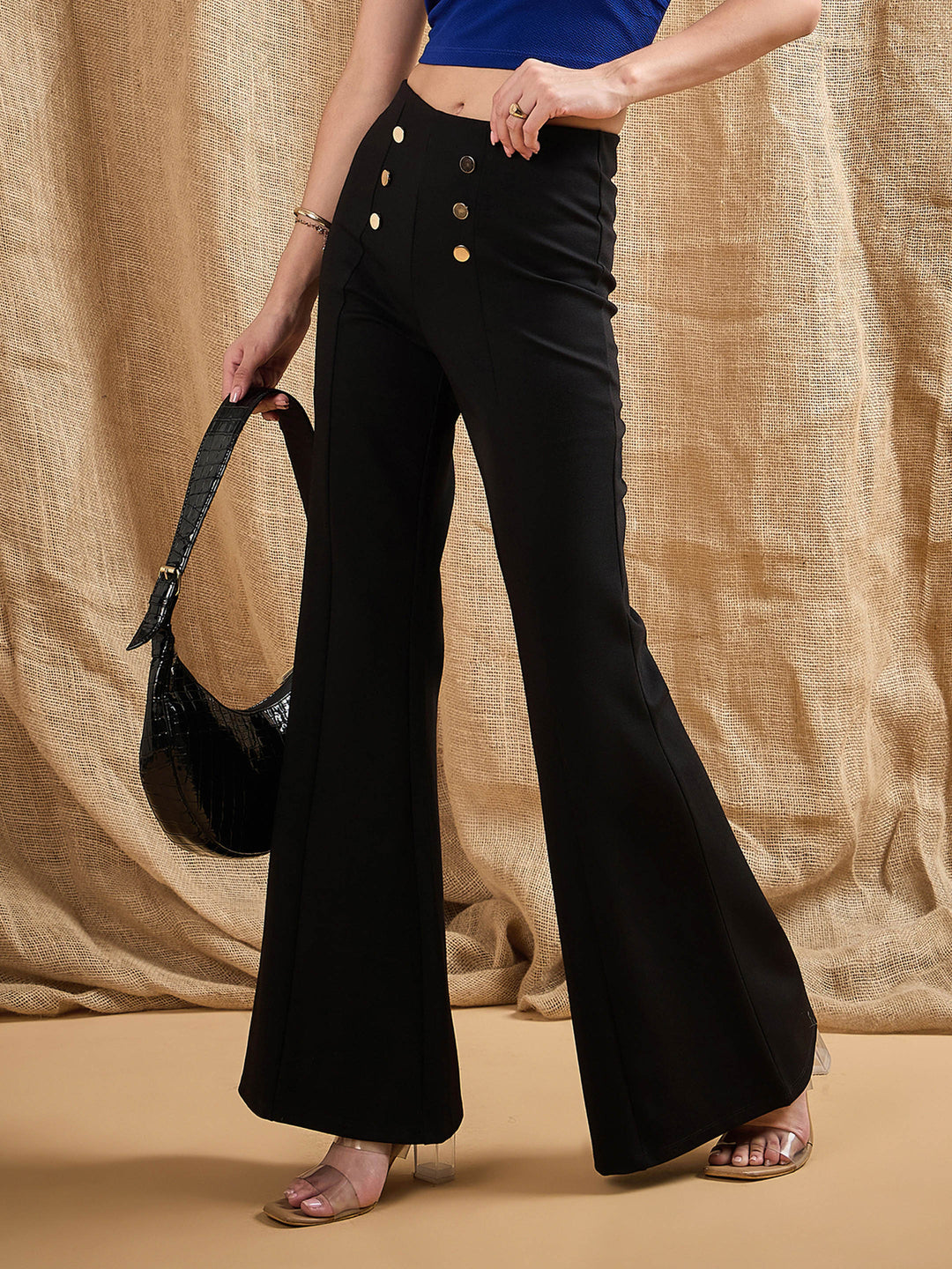 Women's Women Black Front Button Flared Bell Bottom Pants in Rayon by Sassafras for wholesale, bulk, supplier, manufacturer and wholesaler buyers from Trendphoria