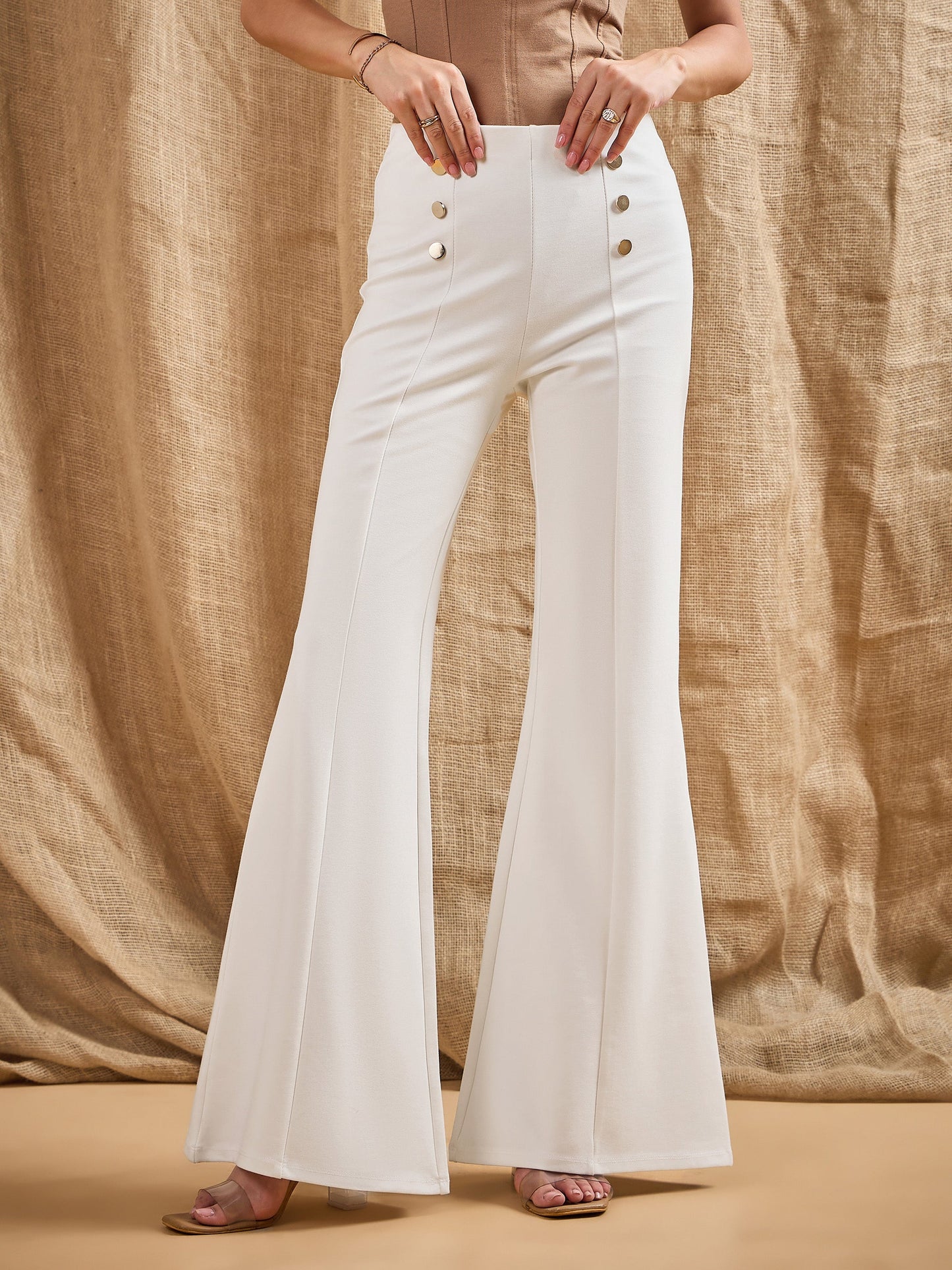 Women White Front Button Flared Bell Bottom Pants