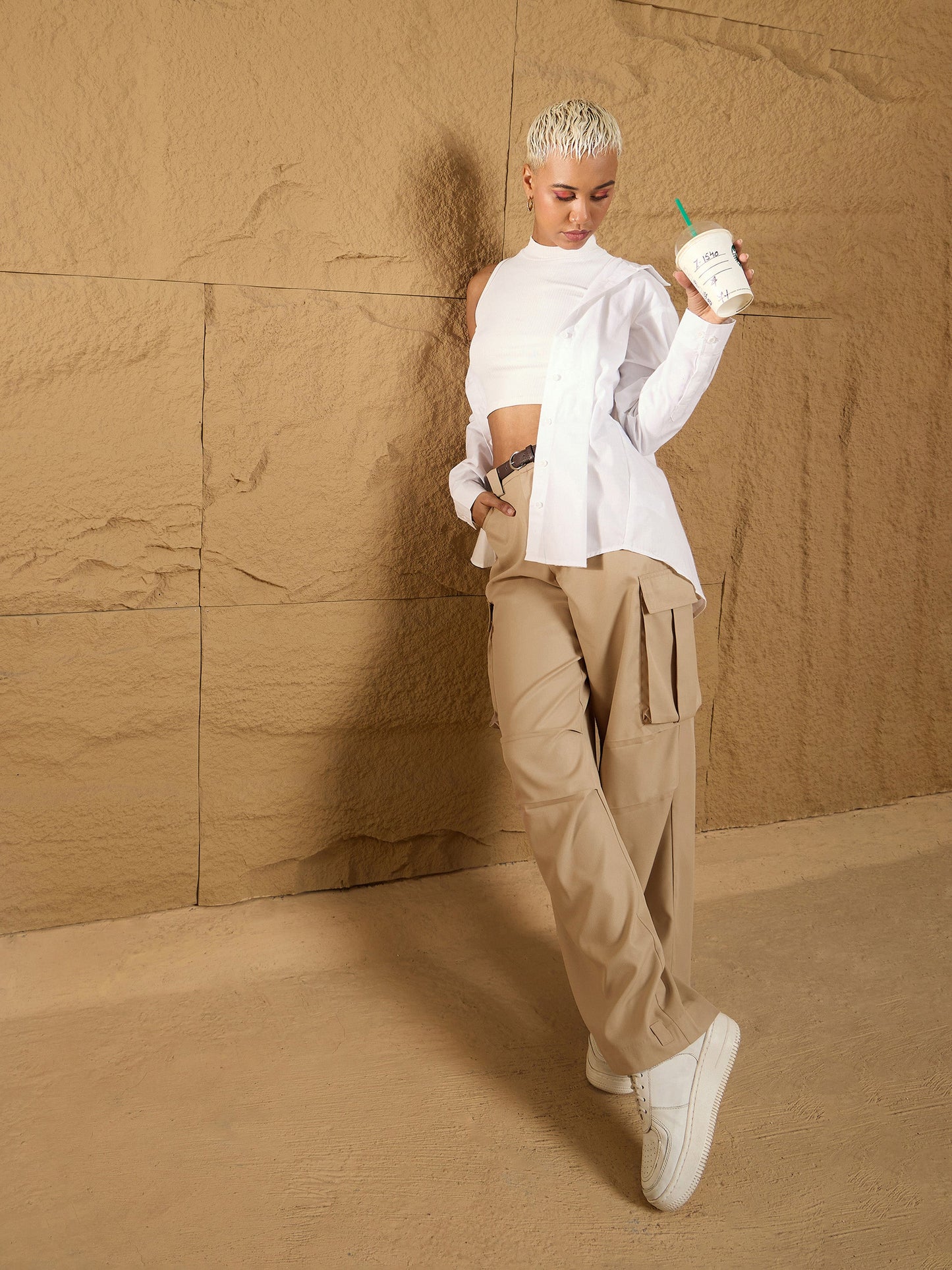 Women Beige Side Pockets Parachute Korean Cargo Pants