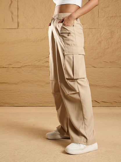 Women Beige Side Pockets Parachute Korean Cargo Pants