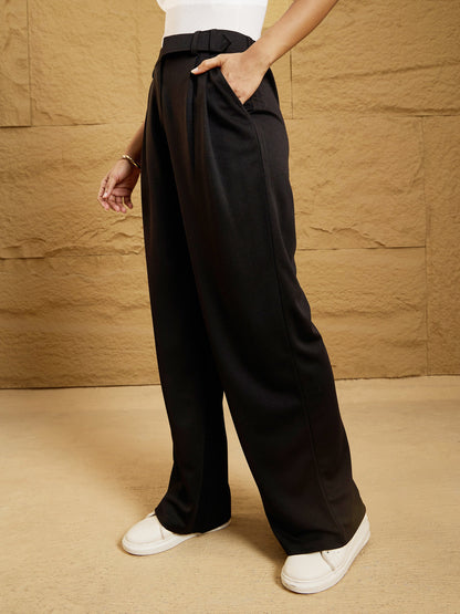 Women Black Waist Belt Comfort Fit Korean Pants