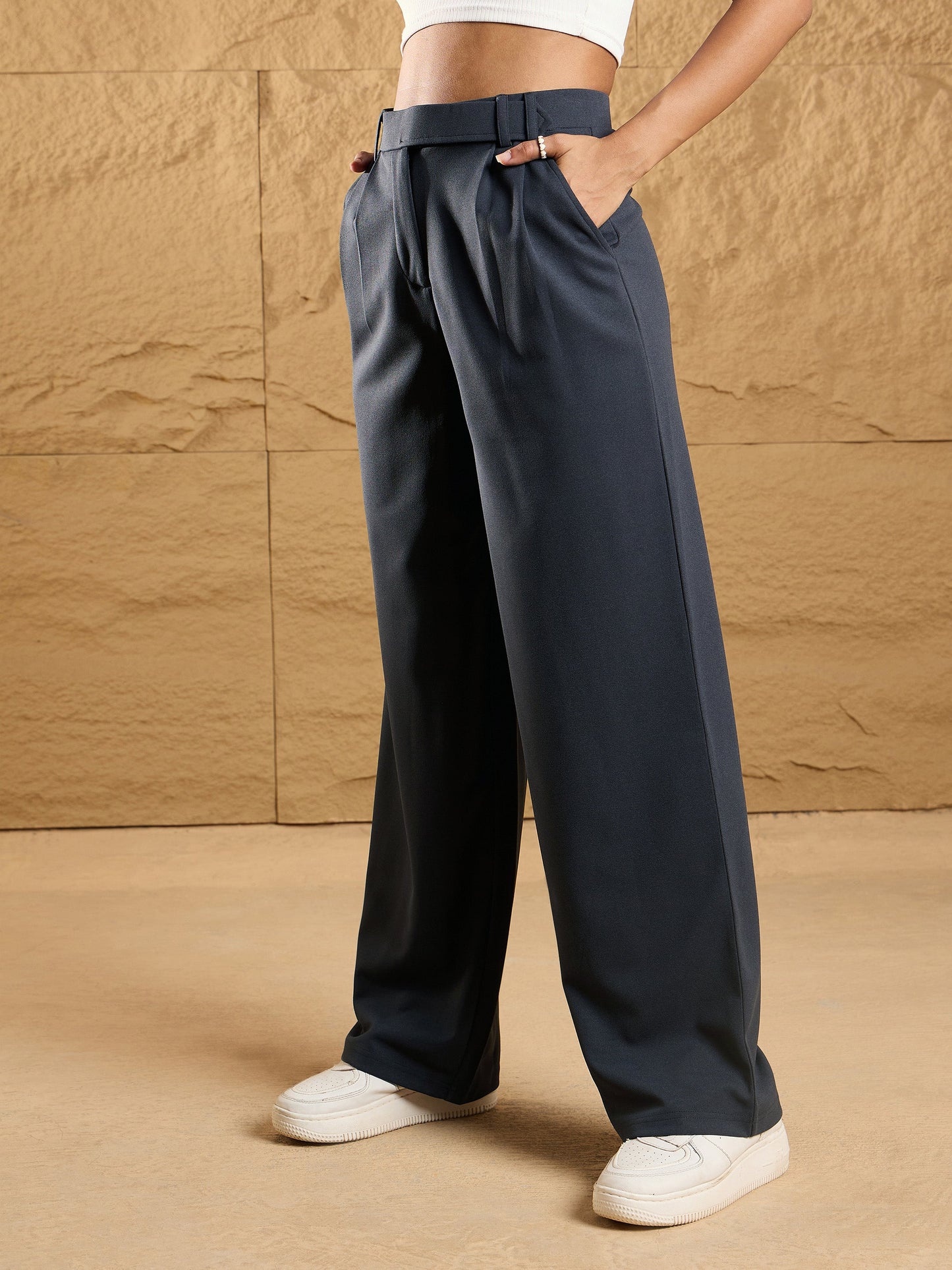 Steel Grey Waist Belt Comfort Fit Korean Pants
