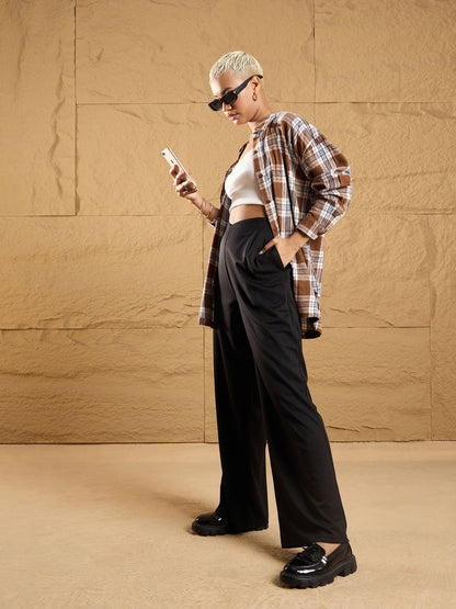 Women Black Front Pleated Comfort Fit Korean Pants