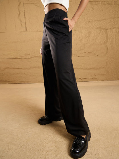 Women Black Front Pleated Comfort Fit Korean Pants