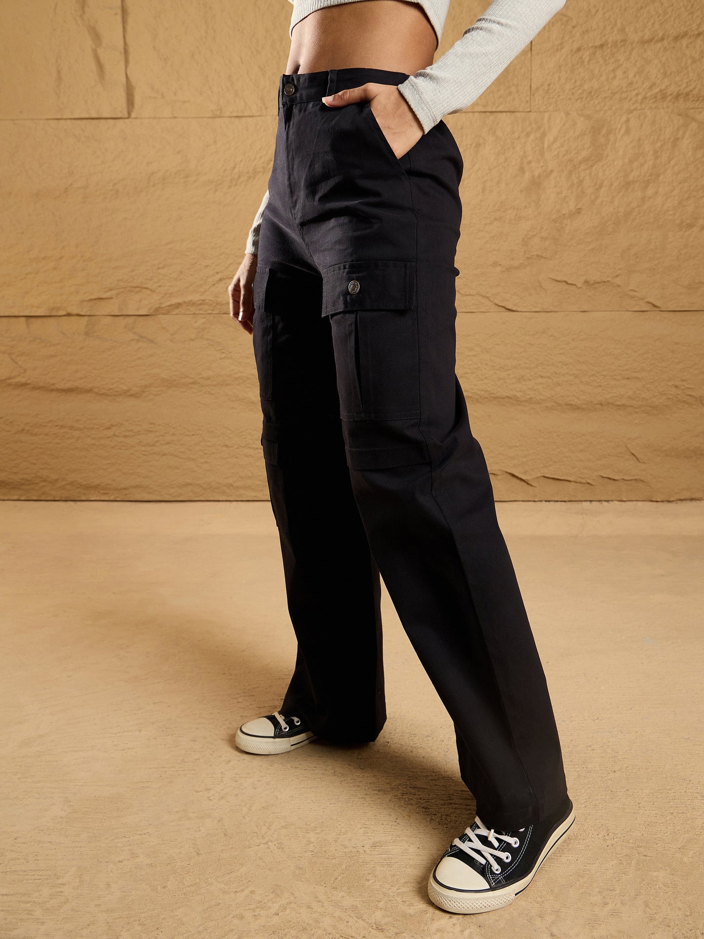 Black Front Pocket Straight Fit Pants