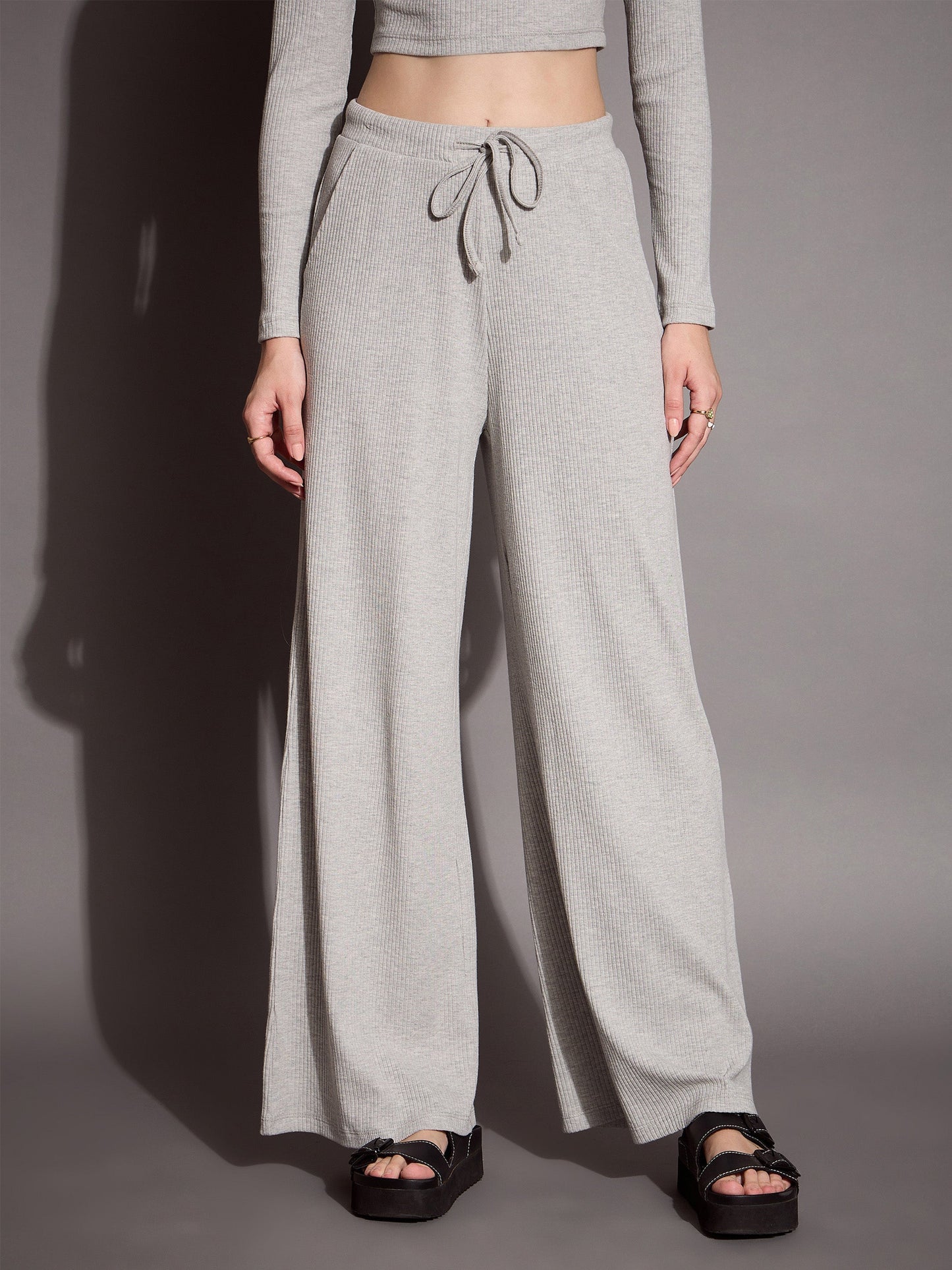 Women Grey Melange Rib Drawstring Pants