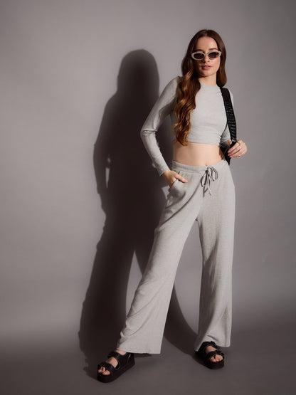 Women Grey Melange Rib Drawstring Pants
