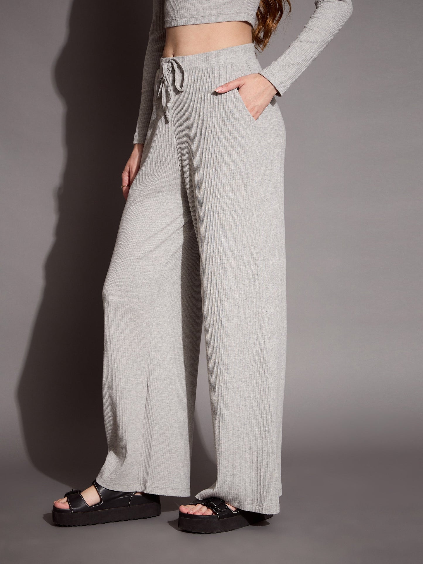 Women Grey Melange Rib Drawstring Pants
