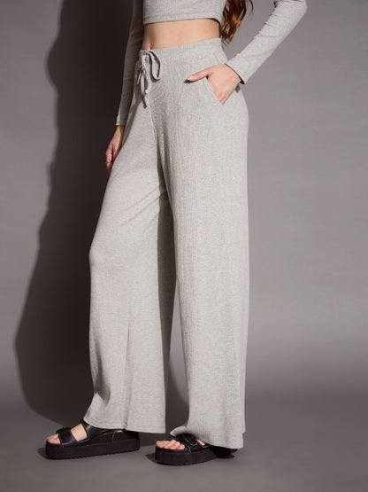 Women Grey Melange Rib Drawstring Pants