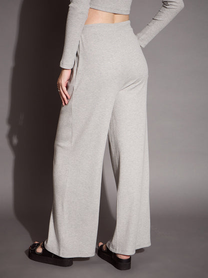 Women Grey Melange Rib Drawstring Pants
